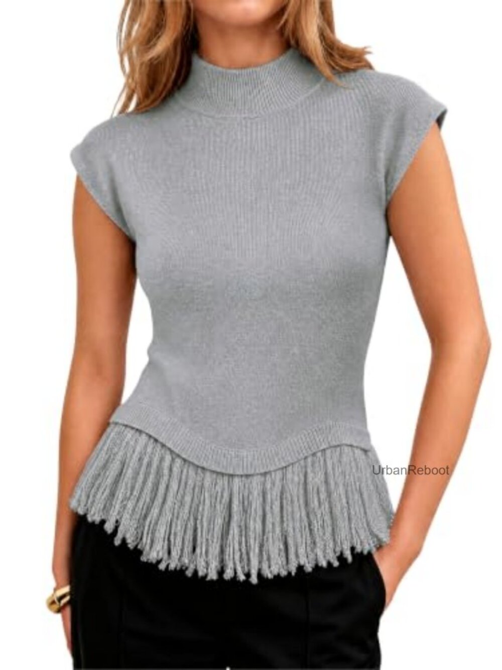 Womens Cap Sleeve Fringe Mock Neck Cable Knit Sweater Vest Layering Tank Top